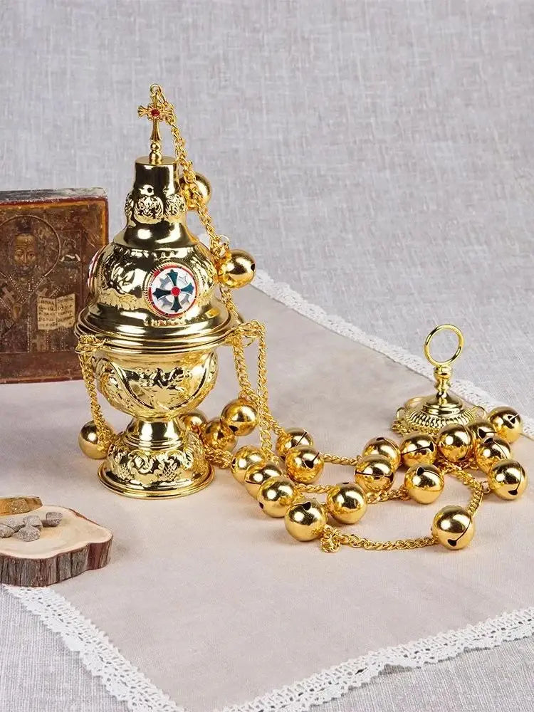 Hanging Orthodox Incense Burner with Bells Gold Swinging Catholic Church Supplies 26 Inch Chains with 24 Bell Кадило "Крест"