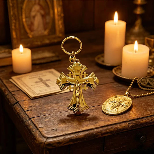 Vintage Gold Plated Orthodox Crucifix Cross Keychain for Catholic Christian Prayer Religious Gift Key Ring Bag Charm Accessory
