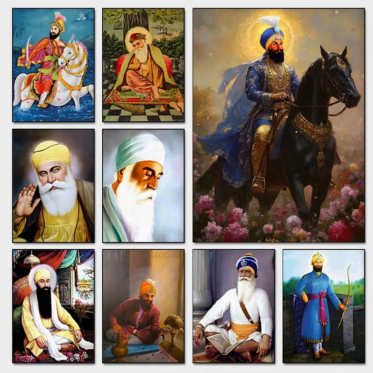 Sikh Historical Art Print of Guru Nanak Dev, Guru Ram Das, Baba Deep Singh & Maharaja Bhupinder Singh Vintage Devotional Poster