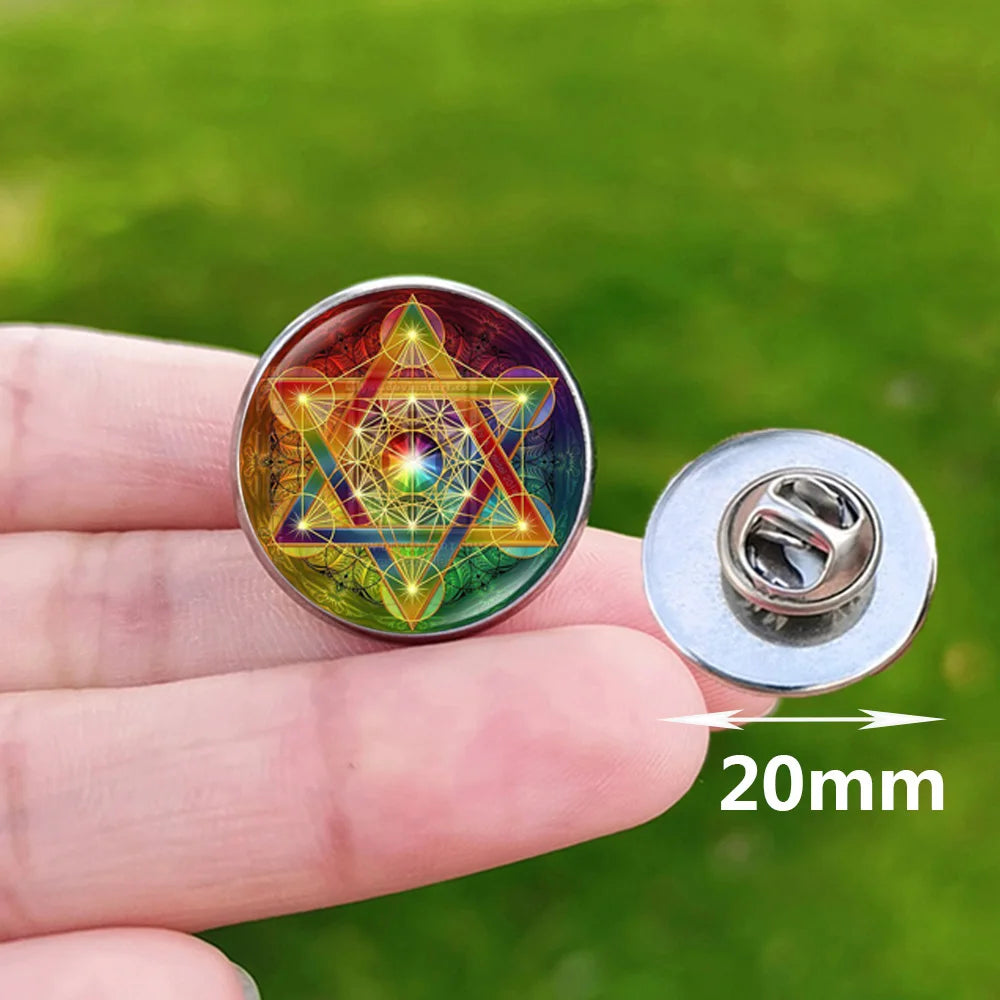 Metatron Cube Stainless Steel Pin Badge Sri Yantra Sacred Geometry Glass Brooch for Men Women Bag Decoration