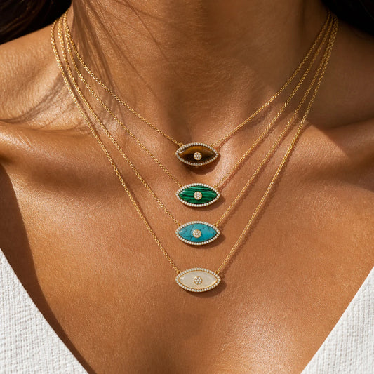 Luxury Natural Stone Evil Eye Pendant Necklace Inlaid Zircon Fashion Stainless Steel Clavicle Chain Jewelry Party Gift for Women
