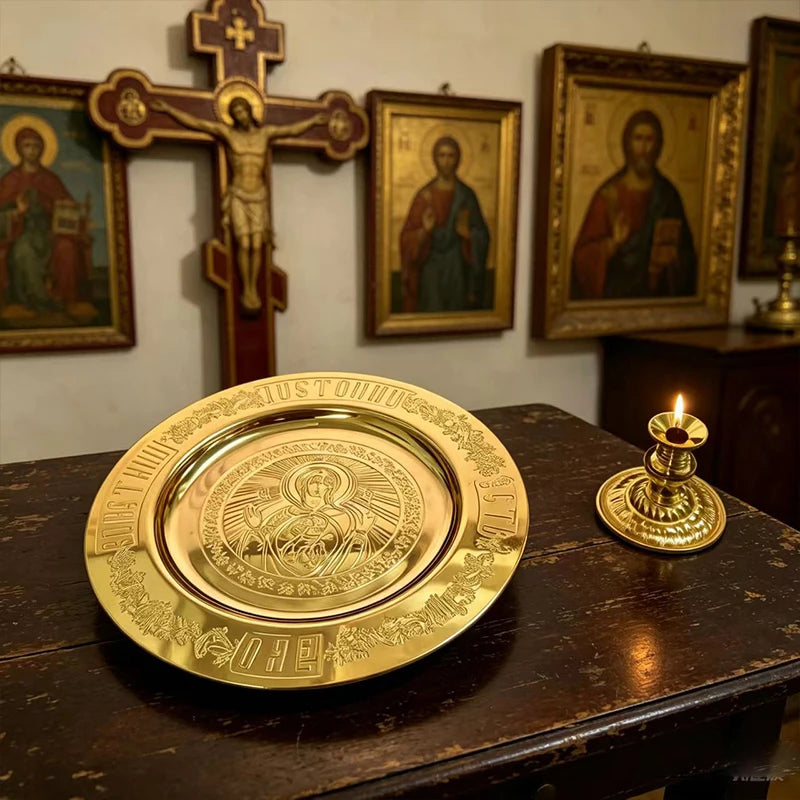 Handmade Gold Plated Orthodox Church Brass Candlestick Liturgical Tray Set Engraved Virgin Icon Religious Plate for Church Cerem