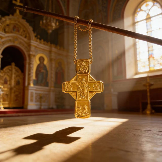 Gold Plated Orthodox Cross Necklace Engraved Saint Icon Pattern Religious Pendant for Christian Prayer Church Jewelry and Faith