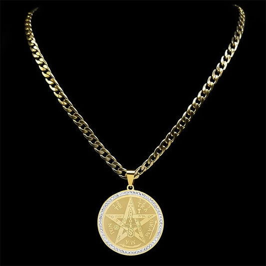 Tetragrammaton Hebrew Jewish Pentagram Necklace for Men Stainless Steel Crystal Gold Color Amulet Necklaces Jewelry Gift NZZZ499