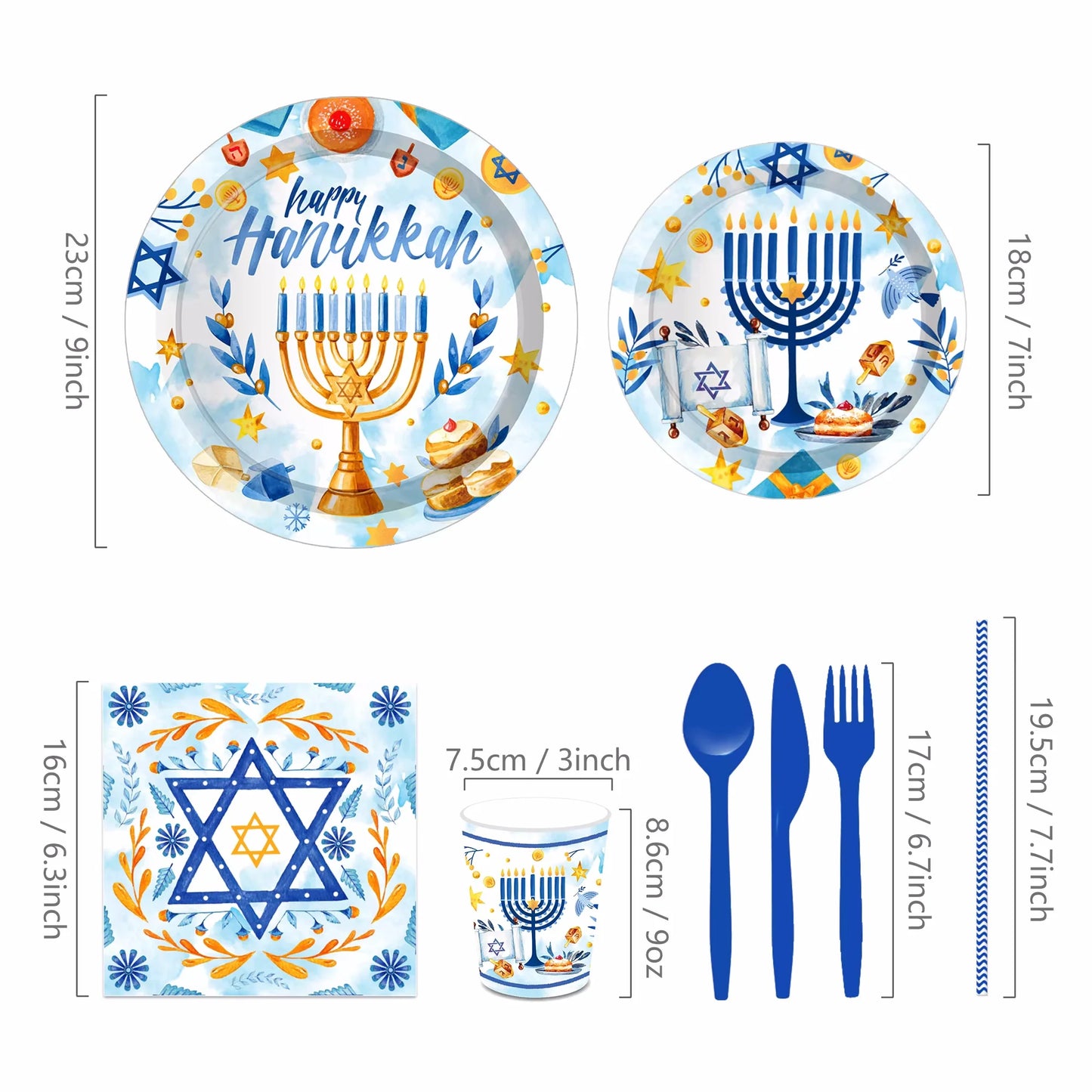 Happy Hanukkah Party Disposable Tableware Sets Paper Plates Cups Napkins Party Dinnerware Decor