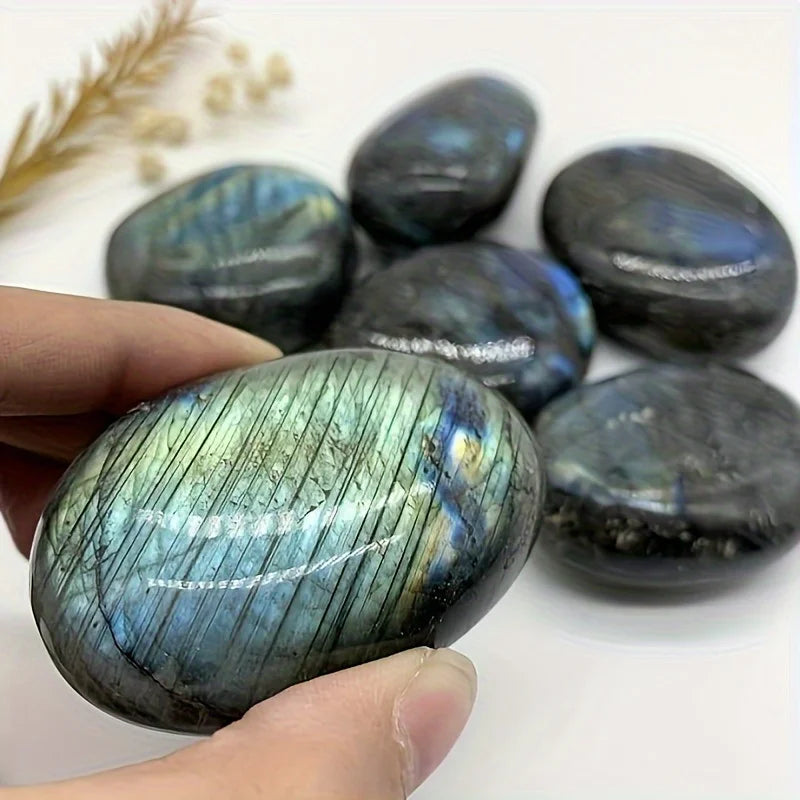 1pc natural labradorite palm stone - hand-polished oval massage and worry stone, iridescent blue hue