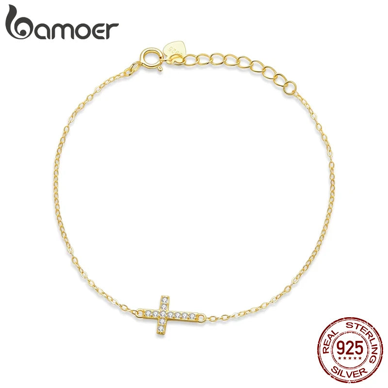 Bamoer Genuine 925 Sterling Silver Adjustable Cross Bracelet 6.10+0.98 inch 14K Gold Plated Chain Link Luxury Jewelry Women Gift