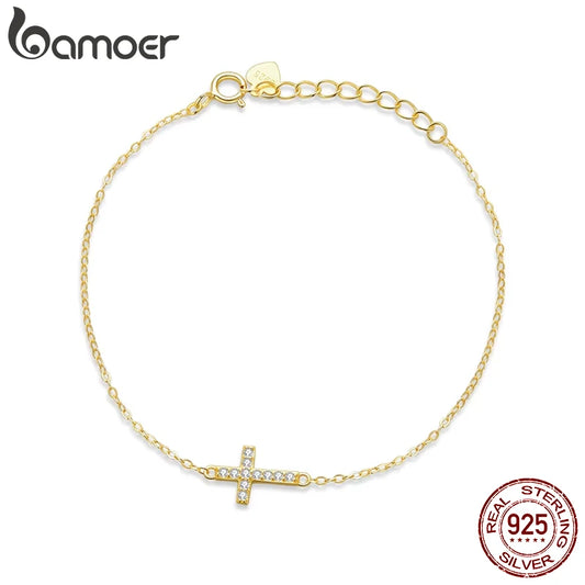 Bamoer Genuine 925 Sterling Silver Adjustable Cross Bracelet 6.10+0.98 inch 14K Gold Plated Chain Link Luxury Jewelry Women Gift