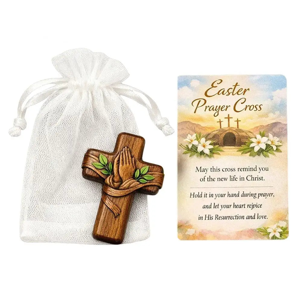 Portable Wooden Prayer Cross Pocket Card with Bag for Easter Christmas Token, Small Pocket Prayer Cross with Card Church Favors