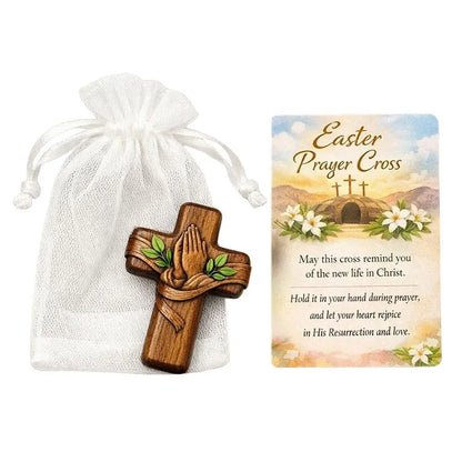 Portable Wooden Prayer Cross Pocket Card with Bag for Easter Christmas Token, Small Pocket Prayer Cross with Card Church Favors