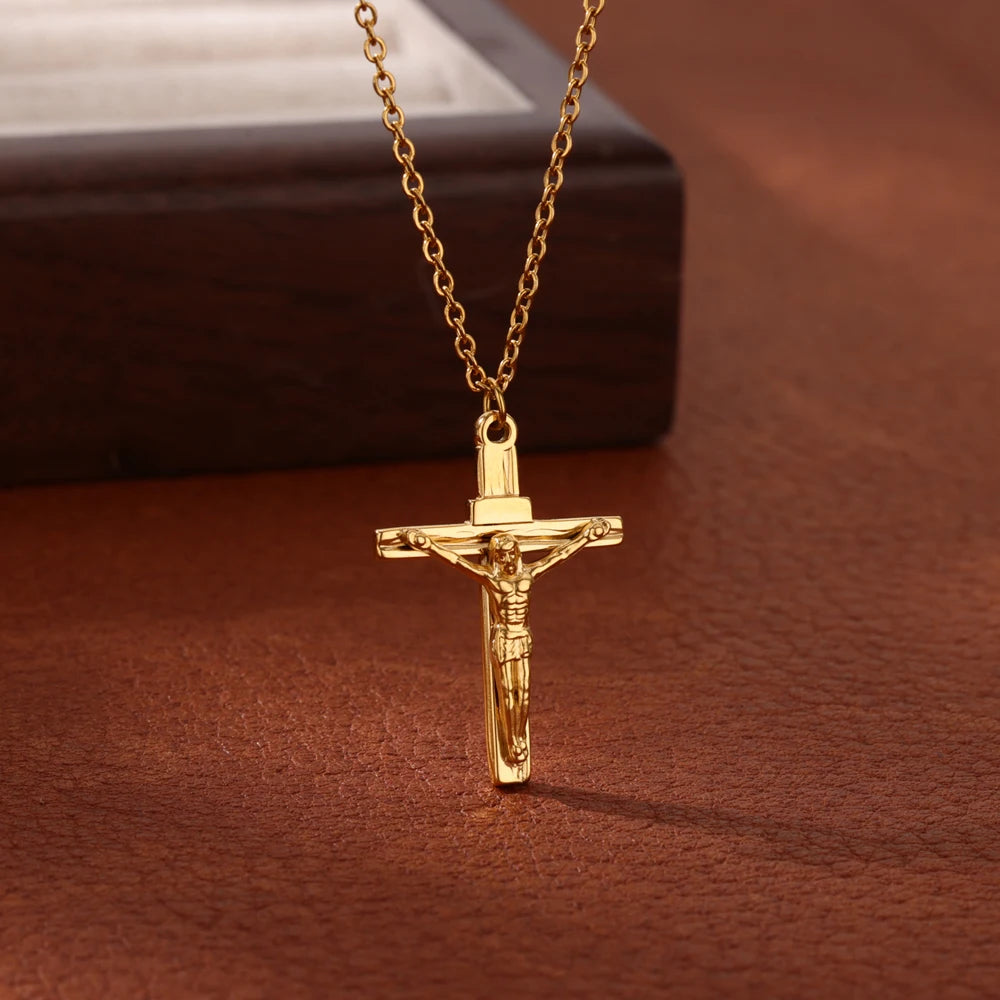 Stainless Steel Jesus Cross Necklace For Women Men Gold Color Caravaca Angels Crucifix Charm Choker Rapper Jewelry Hip Hop Gift