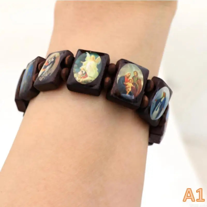 Wooden Rosary Bracelet - Elegant Religious Icon Stickers, Drip Oil Finish, Spiritual Beaded Prayer Jewelry For Devotional Wear_