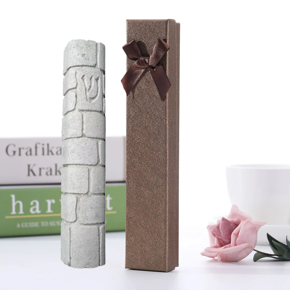 Jerusalem Western Wall Texture Off-White Stone Mezuzah Case,Judaica Cement Crafted Door Blessing Box,Authentic Worn Brick Design