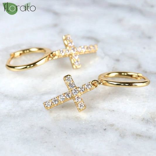 925 Sterling Silver Needle Fashion Cross Pendant Hoop Earrings for Women Vintage Gold Color Small Earrings Luxury Jewelry Gifts