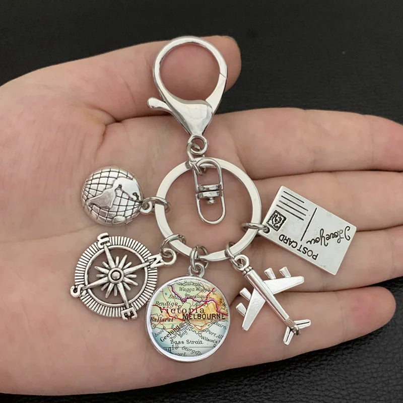 New ideas Earth plane keychain pendant earth compass personality memorial key ring gift for travel lovers