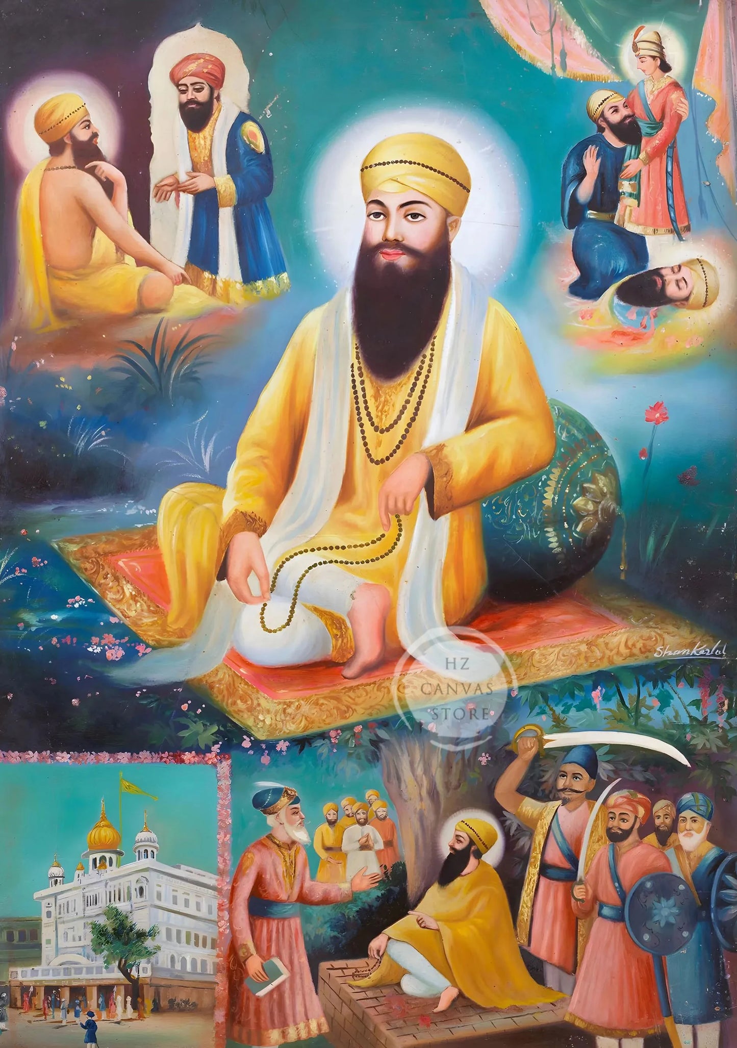 Sikh Historical Art Print of Guru Nanak Dev, Guru Ram Das, Baba Deep Singh & Maharaja Bhupinder Singh Vintage Devotional Poster