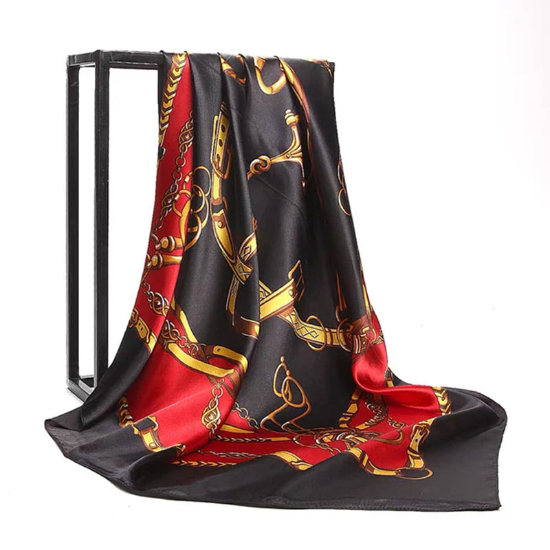90*90cm Women Square Silk Scarf Luxury Brand Large Shawl Neckerchief Print Headband Female Foulard Bandana Wraps Hijab Scarves