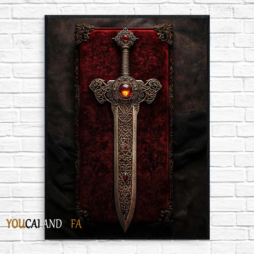 King Arthur and Excalibur Sword in The Stone Sikh Kirpan Sword Excalibur Hilt Poster Canvas Painting Wall Pictures Home Decor