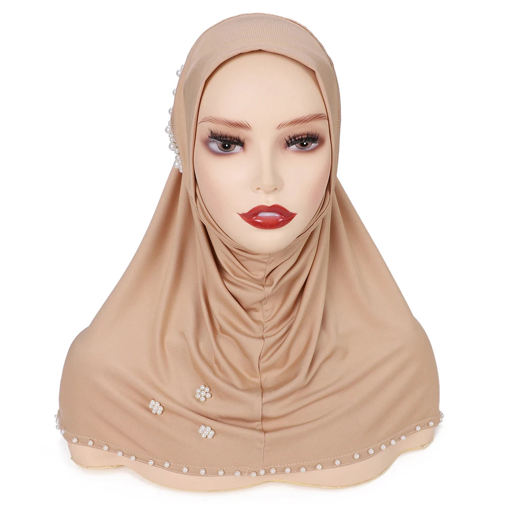 Trendy Muslim Instant Hijab Beads Bonnet Stretch Scarf Islamic Headband Jersey Hijab Headwrap Turbante for Women