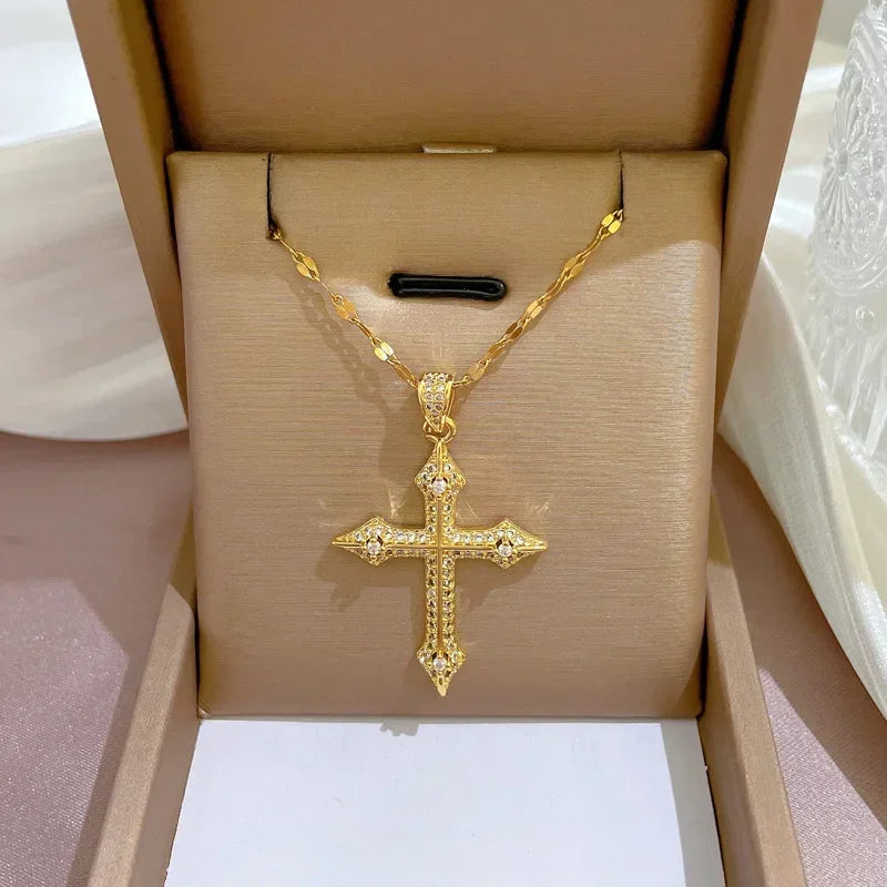 Exquisite Gold Color Stainless Steel Inlaid Crystal Cross Pendant Necklace for Women Men Luxury Full of Zircon Chokers Jewelry