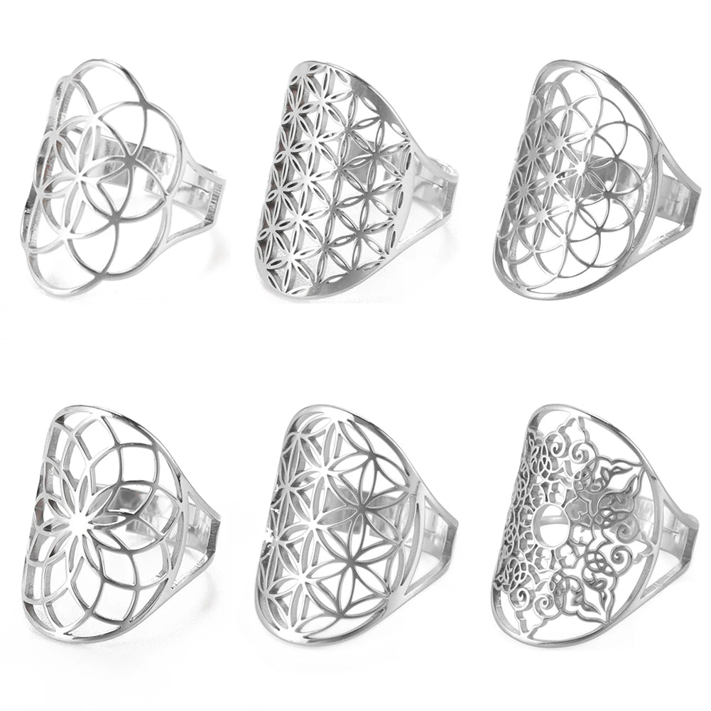 Unift Sacred Geometry Flower of Life Ring Adjustable Stainless Steel Ring Men Women Accessories Vintage Filigree Jewelry Gifts