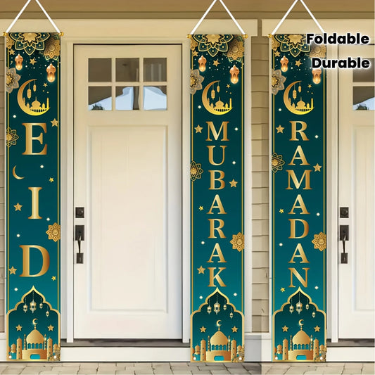 3pcs Eid Al-Fitr Celebration Porch Banner Set Durable Polyester Flags with Moon Star Castle Design  for Ramadan Home Decor