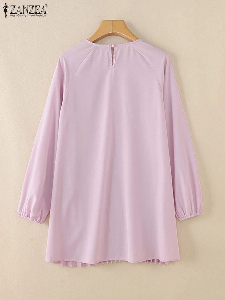 ZANZEA O Neck Islamic Hijab Abaya Blusas Solid Raglan Sleeves Casual 2024 Fall Long Tops Women Pleated Muslim Fashion Blouses