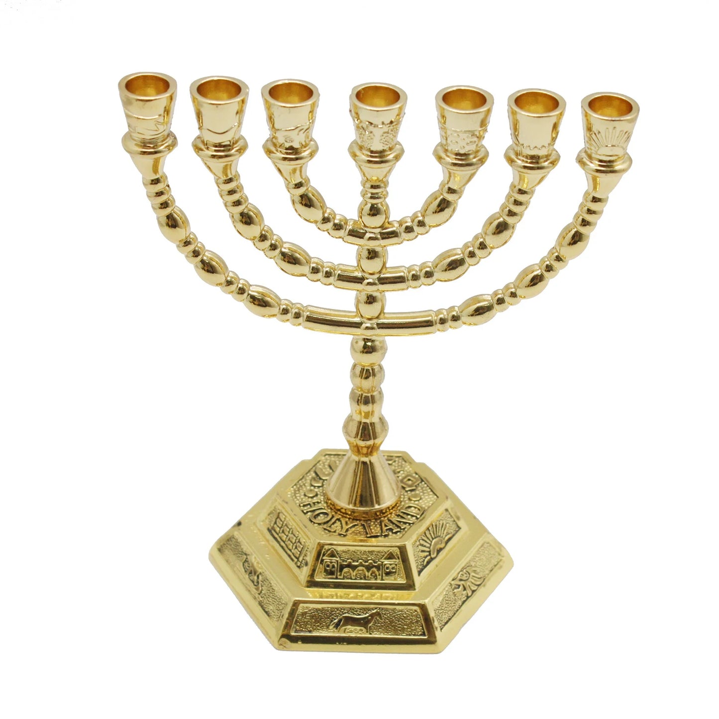 7 Branch Menorah Candle Holder Jerusalem Temple 12 Tribes of Israel Menorah with Aaron Rod Manna Vessel and Tablets 5.11-inch