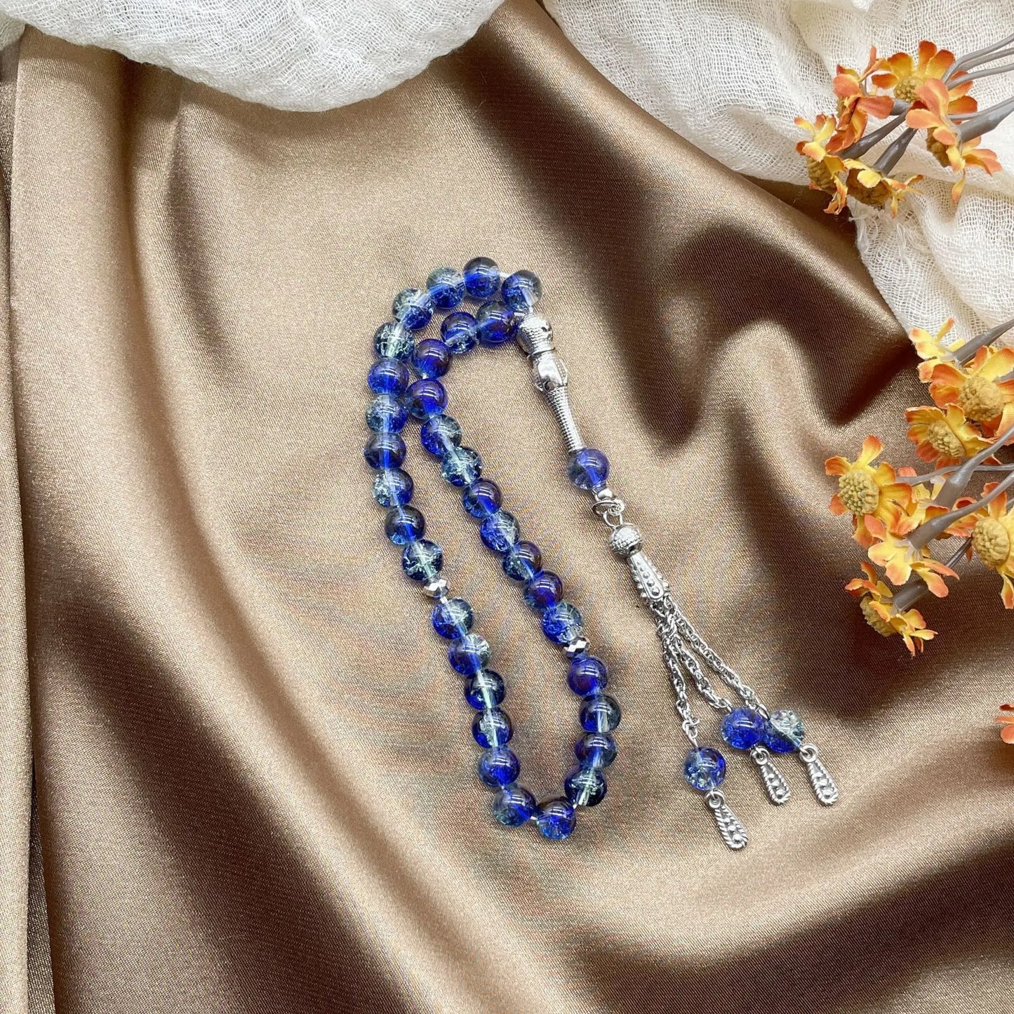 New 33 Beads 8mm Cracked Glass Tasbih, Muslim Prayer Beads for Daily Worship, Ramadan Holiday Gift for Women