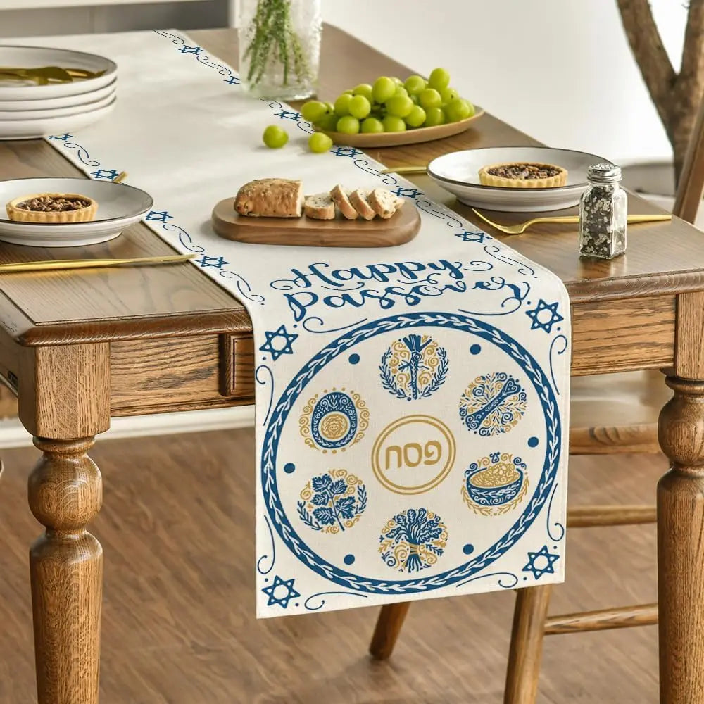 Happy Passover Linen Table Runners Kitchen Dining Table Decor Seder Plate Pesach Matzoh Star of David Jewish Holiday Party Decor