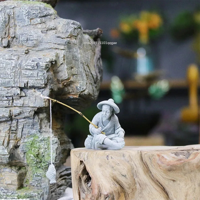 Fish Tank Garden Sitting Fishing Sandstone Vintage Ornament Aquarium Mini Fisherman Statue Asian Zen Decoration  Home Decor