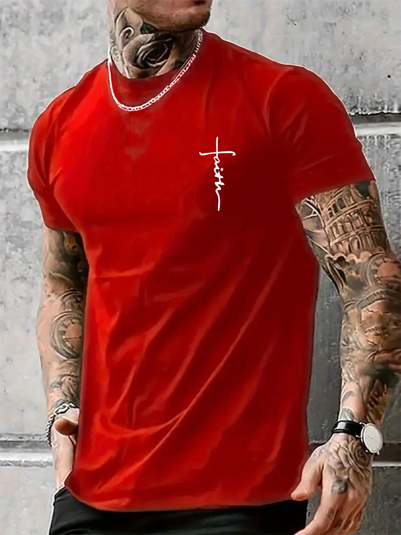 Summer men's 100% pure cotton casual loose fit plus size cross faith pattern printed round neck short sleeved T-shirt top
