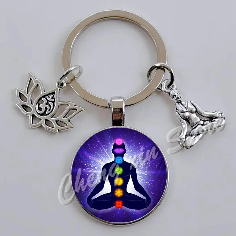 Indian Buddha Meditation 7 Chakra Mandala Psychedelic Yoga Glass Cabochon Keychain Ornament
