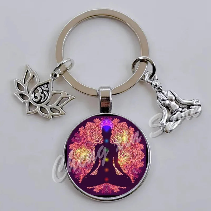 Indian Buddha Meditation 7 Chakra Mandala Psychedelic Yoga Glass Cabochon Keychain Ornament