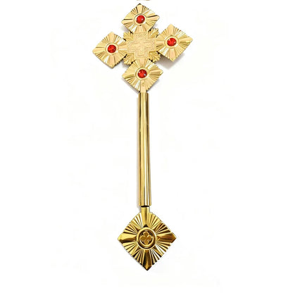 Eastern Orthodox metal cross scepter religious ceremony sacrament celebration inlaid with bright ruby classic religious aestheti
