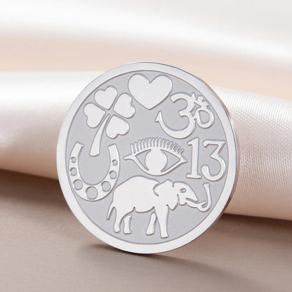 Dawapara Good Luck Symbols Brooch Elephant Clover Hoeseshoes Evil Eye Religious Spiritual Amulet Stainless Steel Lapel Pins