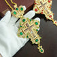 Gold Plated Catholic Orthodox Pectoral Cross with Red Green Gems and Jesus Icon Enamel for Clergy Church Liturgy Devotion Gift