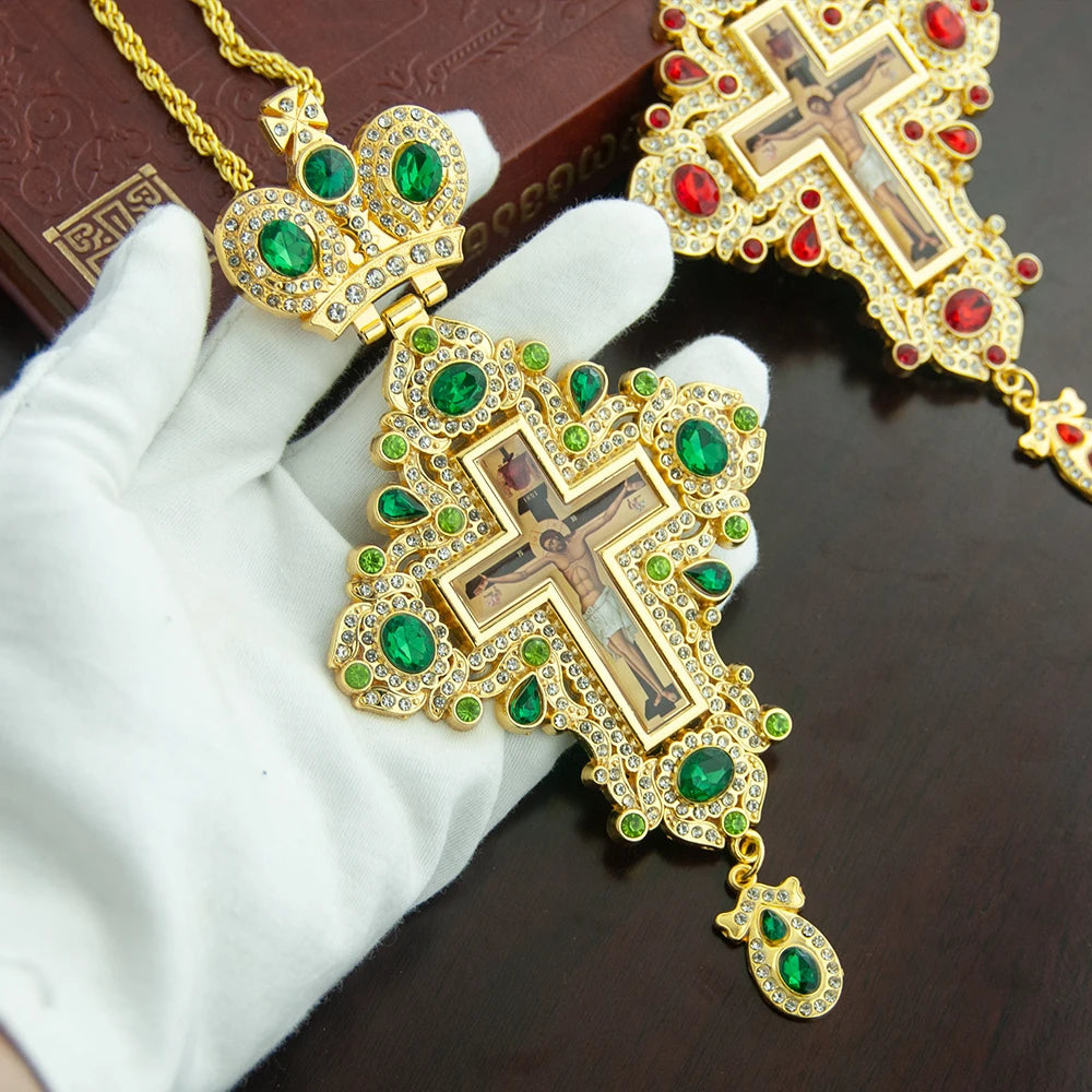 Gold Plated Catholic Orthodox Pectoral Cross with Red Green Gems and Jesus Icon Enamel for Clergy Church Liturgy Devotion Gift
