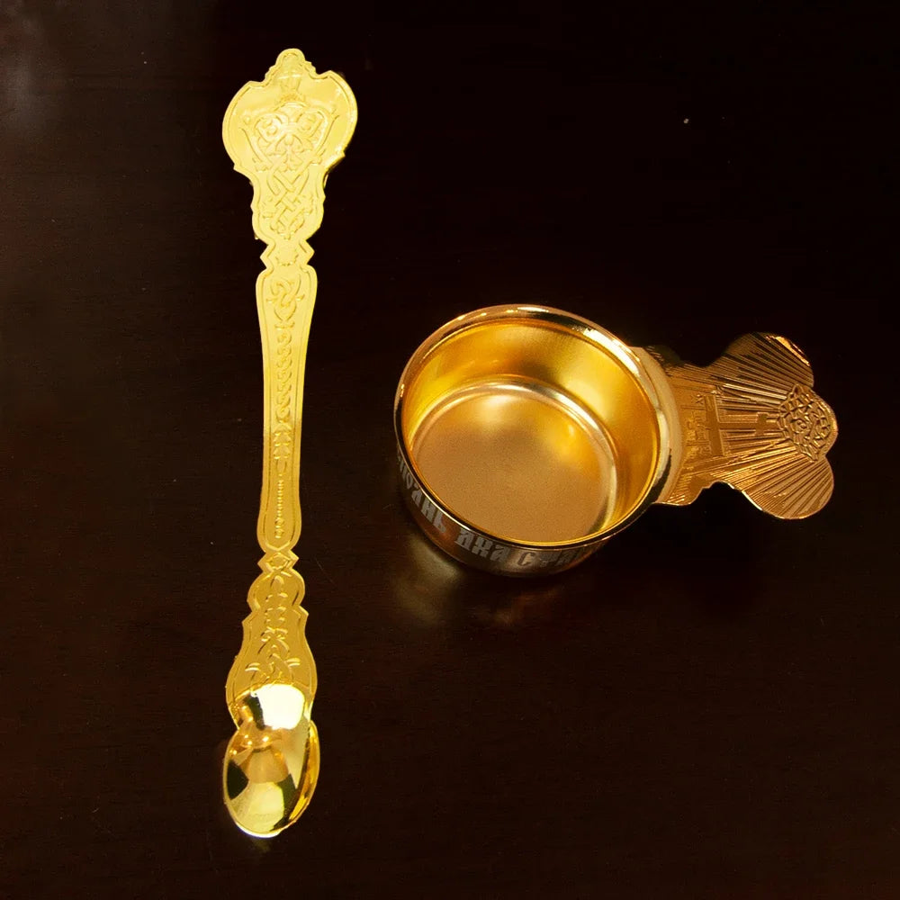 HTISOK Premium Gold-Tone Orthodox Eucharist Set: Communion Disc & Spoon, Engraved Liturgical Vessels for Church Use and Devotion