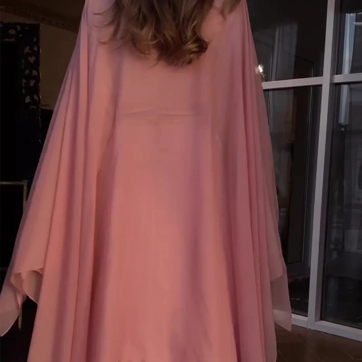 Satin O-neck Long-sleeved Dress for Women Pink Pleated Spring Summer Long Sleeve Muslim Abayas Casual Female Clothing Vestidos