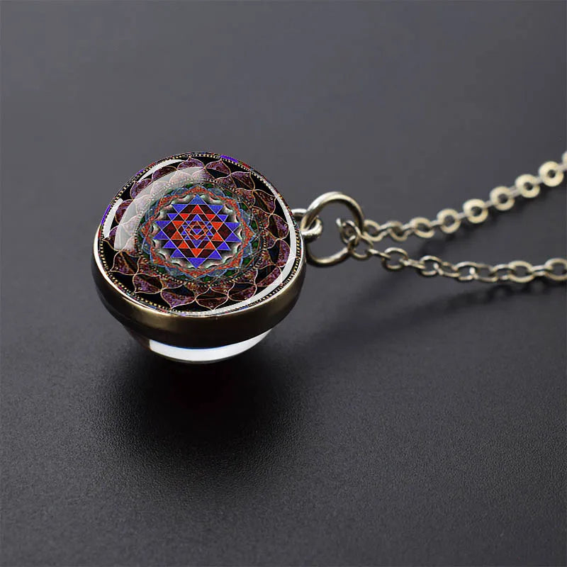 Sacred Geometry-Metatron's Cube Necklaces Sri Yantra Mandala Double Side Glass Ball Pendant Necklace Buddhist Yoga Jewelry Gift