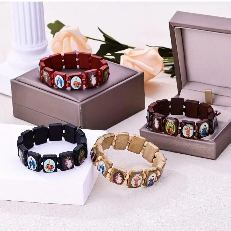 Wooden Rosary Bracelet - Elegant Religious Icon Stickers, Drip Oil Finish, Spiritual Beaded Prayer Jewelry For Devotional Wear_