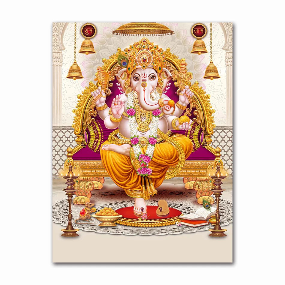 India Hindu Golden Ganesha Temple Poster Shiva Parvati Painting Canvas Prints Elephant God Religion Picture Room Hoom Wall Decor