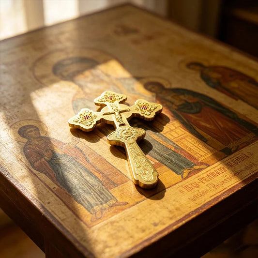 Vintage Gold Plated Double Sided Orthodox Hand Blessing Cross for Church Liturgy Home Altar Prayer Devotion Christian Gift Decor