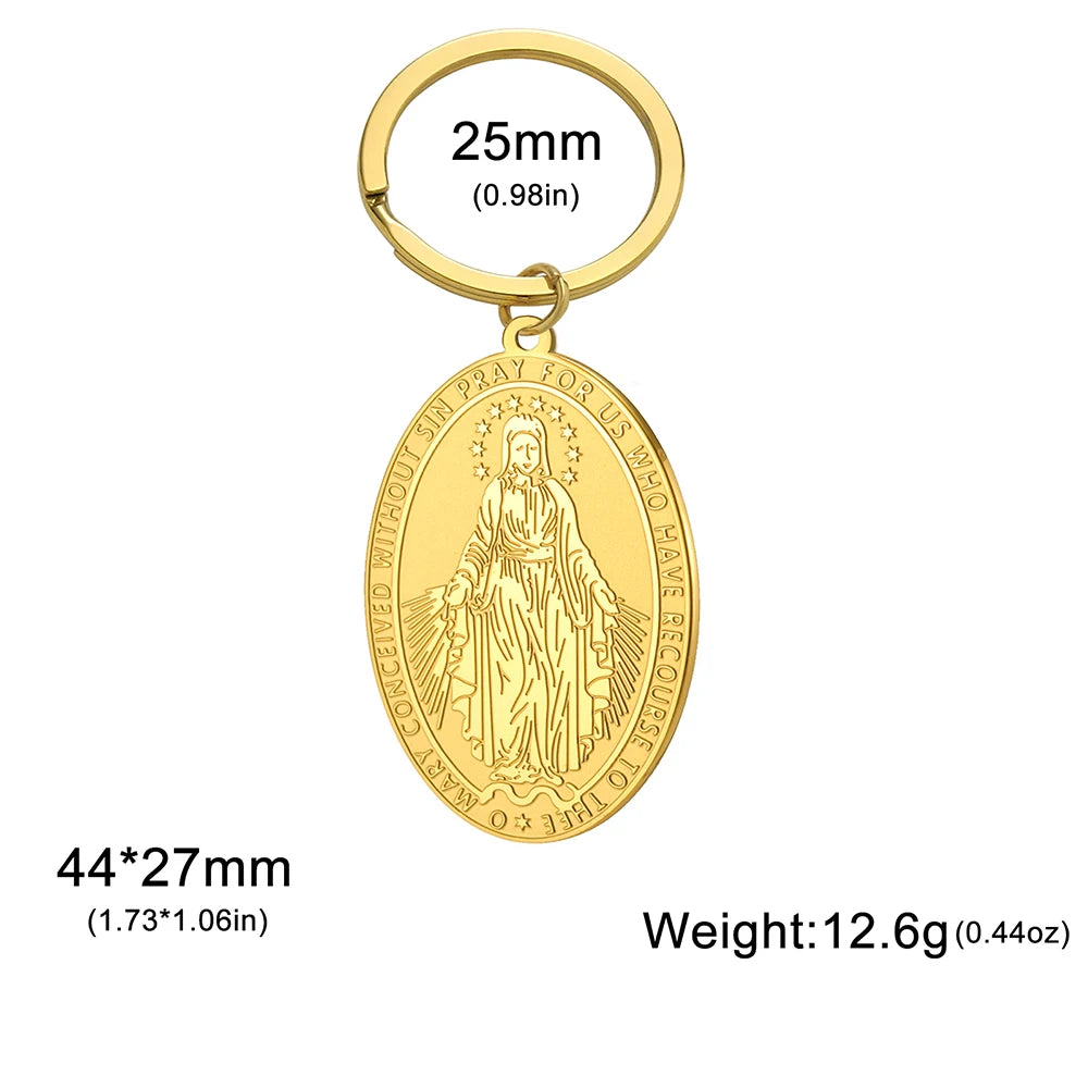 Dawapara Virgin Mary Double Sides Pendant Keychain  Mother of God Sacred Hearts of Jesus Stainless Steel Keyring Accessories