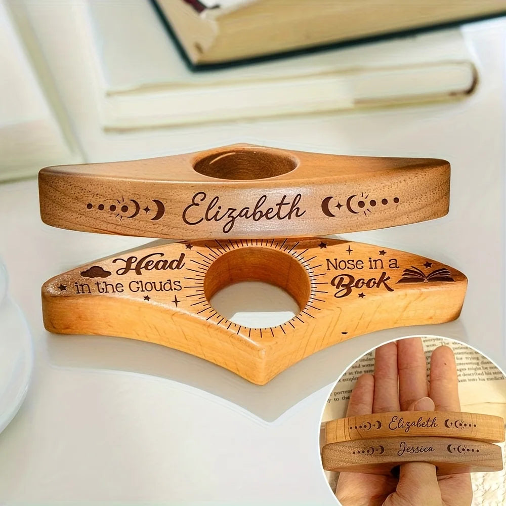 Personalized Wooden Book Page Holder Handcrafted Reading Stand with Name Engraving Gift for Book Lovers Modern Tabletop Decor