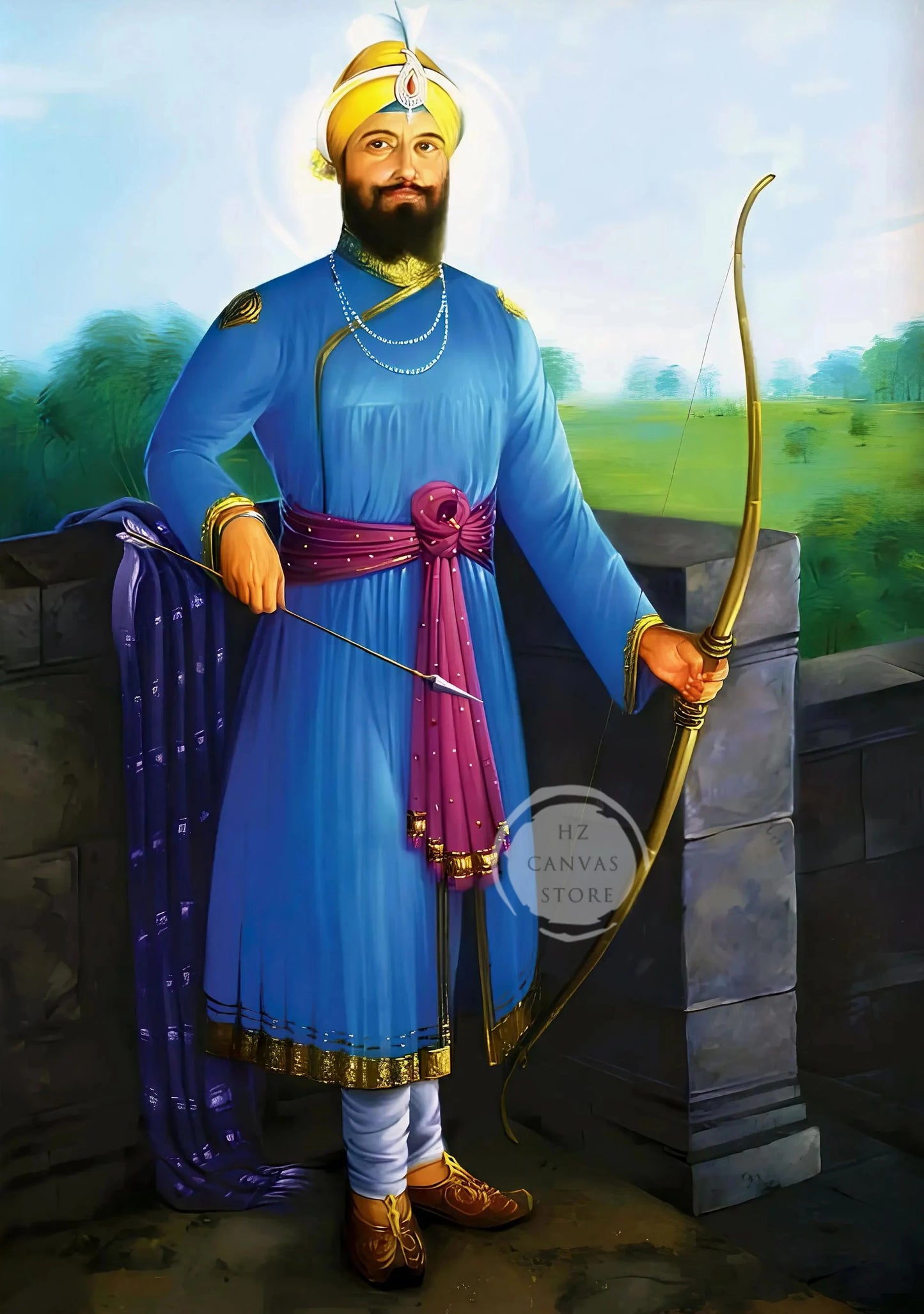 Sikh Historical Art Print of Guru Nanak Dev, Guru Ram Das, Baba Deep Singh & Maharaja Bhupinder Singh Vintage Devotional Poster