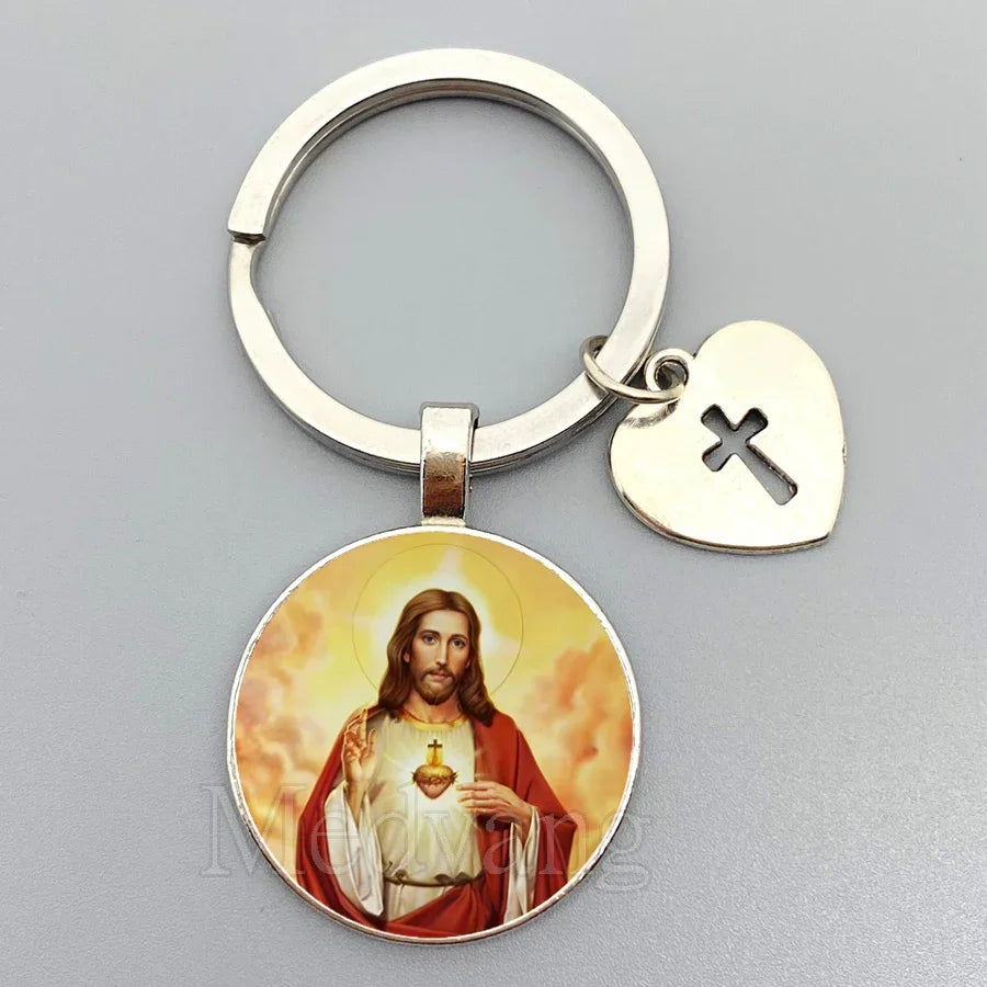 Jesus Sacred Heart Keychain Virgin Mary Glass Dome Key chain Catholic Men's and Women's Jewelry Gifts