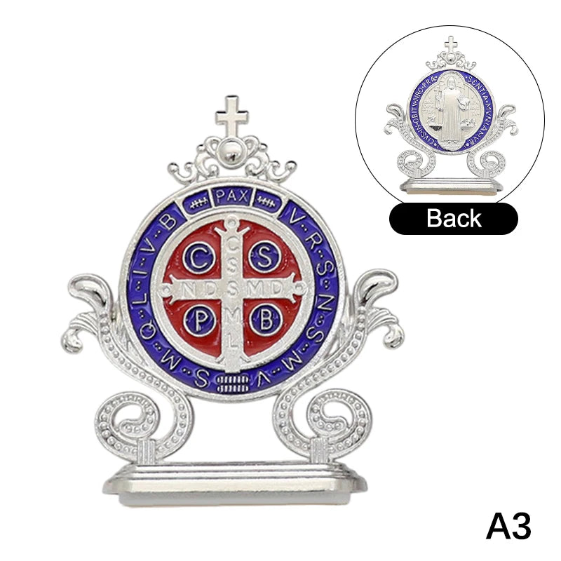 St. Benedict Cross Craft Ornament Enamel Metal Saint Statue Car Home Office Table Decoration Religious Blessing Decor