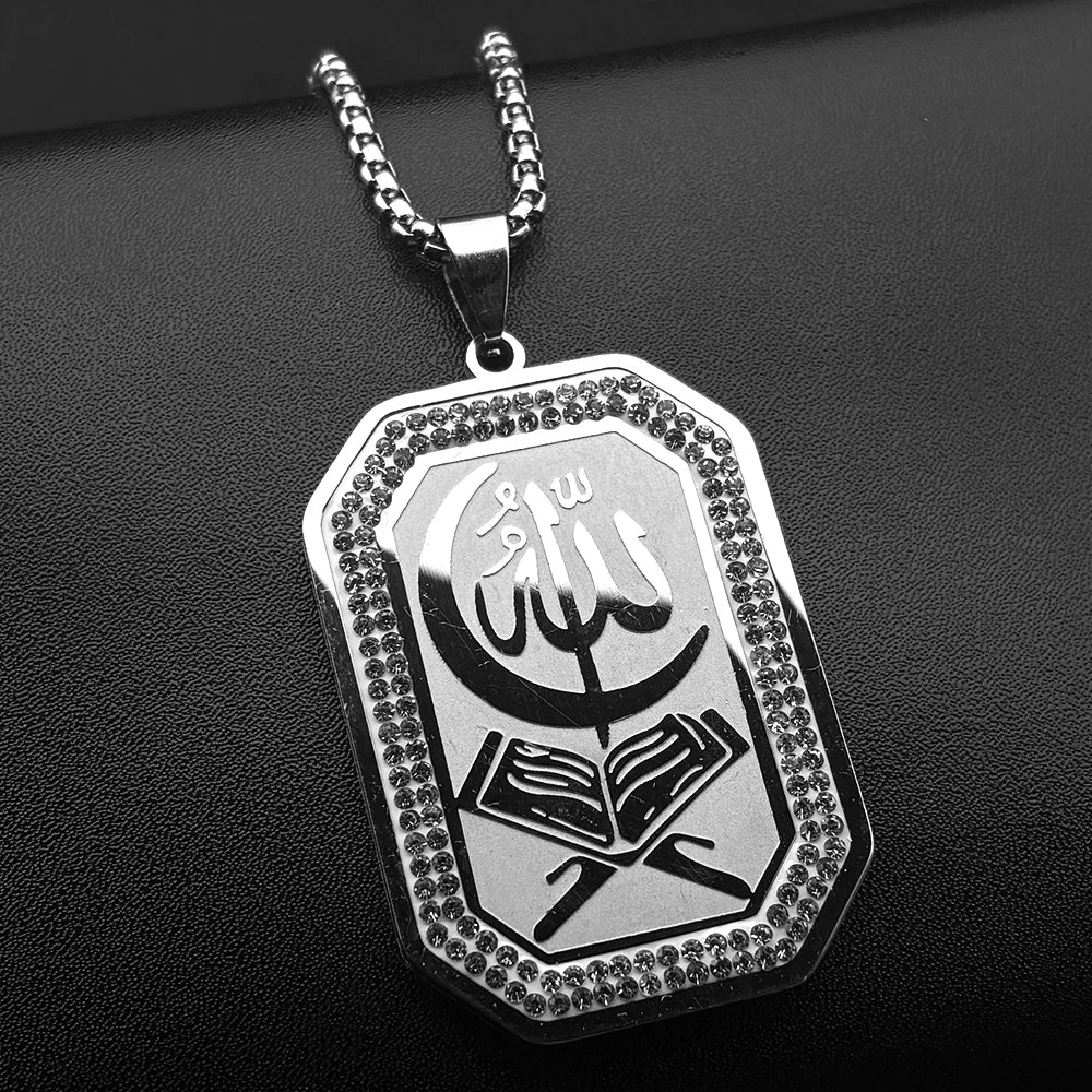 Islamic Quran Allah Crescent Moon Pendant Necklace for Women Men Stainless Steel Gold Color Rhinestones Muslim Chain Jewelry